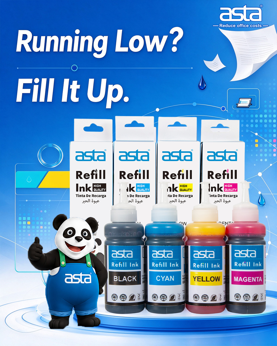 ASTA refill ink bottles in black, cyan, yellow, and magenta colors displayed with a printer, providing a smooth and reliable inkjet printing solution.