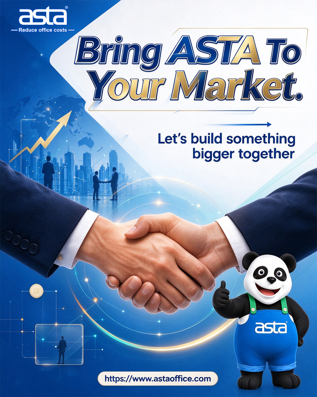 ASTA business partnership banner featuring professionals shaking hands, a global business network, a rising growth arrow and the ASTA panda mascot, promoting office supplies distribution and market expansion.