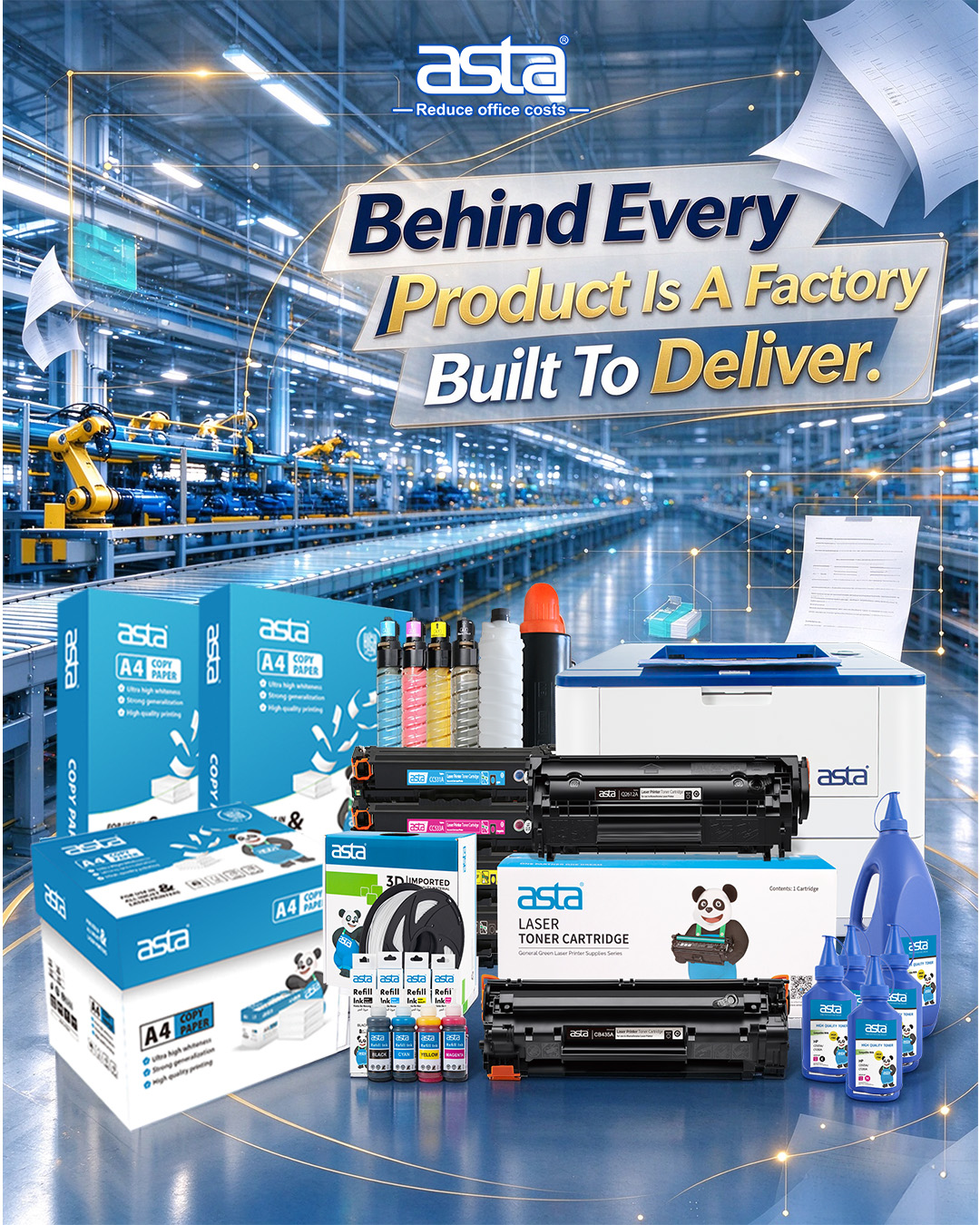 ASTA office supplies factory showcase, toner cartridges, A4 copy paper, laser printers, bulk wholesale office consumables