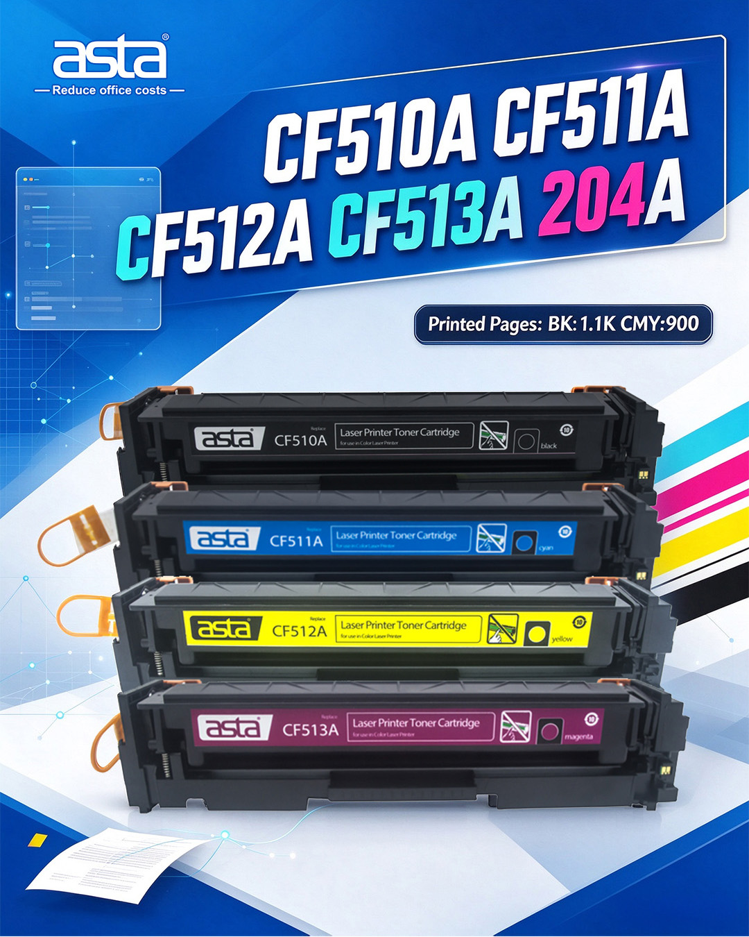 ASTA CF510A CF511A CF512A CF513A 204A four color toner cartridge set for HP laser printer, wholesale office consumables