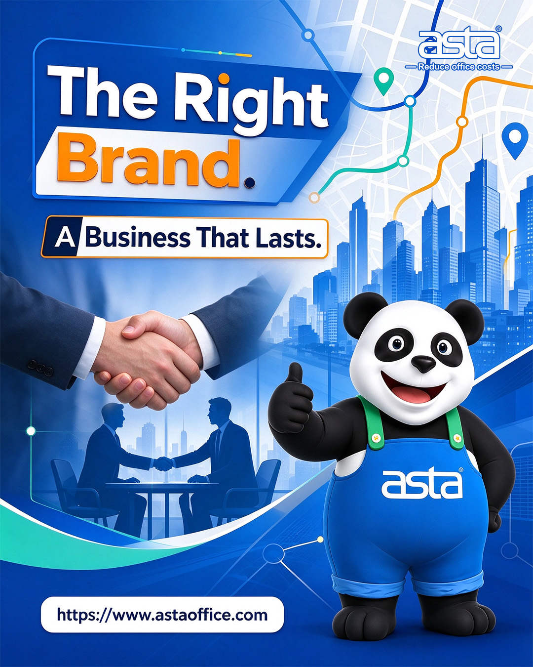 ASTA brand partnership poster, handshake business cooperation, ASTA panda mascot, office consumables wholesale cooperation