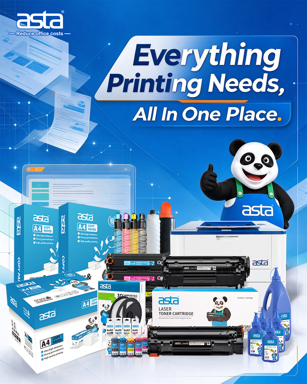 ASTA printing and office supplies product range featuring printers, toner cartridges, toner powder, printer ink, A4 copy paper and 3D printing filament, alongside the ASTA panda mascot. The blue promotional poster displays the message “Everything Printing Needs, All In One Place.”