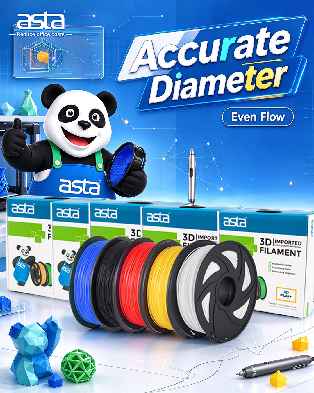 ASTA 3D printing filament promotional poster featuring blue, black, red, yellow and white filament spools, ASTA-branded filament boxes, colorful 3D printed models, and the ASTA panda mascot. The blue poster highlights “Accurate Diameter” and “Even Flow.”